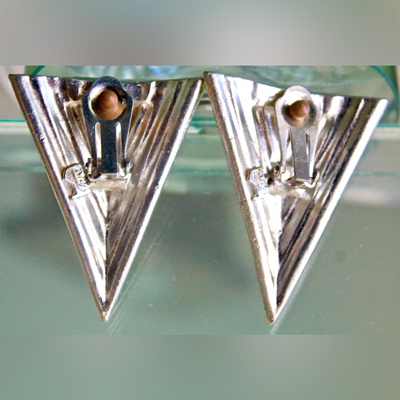 TARA EARRINGS CLIP ON VINTAGE SILVER BLACK CLEAR CRYSTAL SAMPLE 90’s PYRAMID - Picture 5 of 5